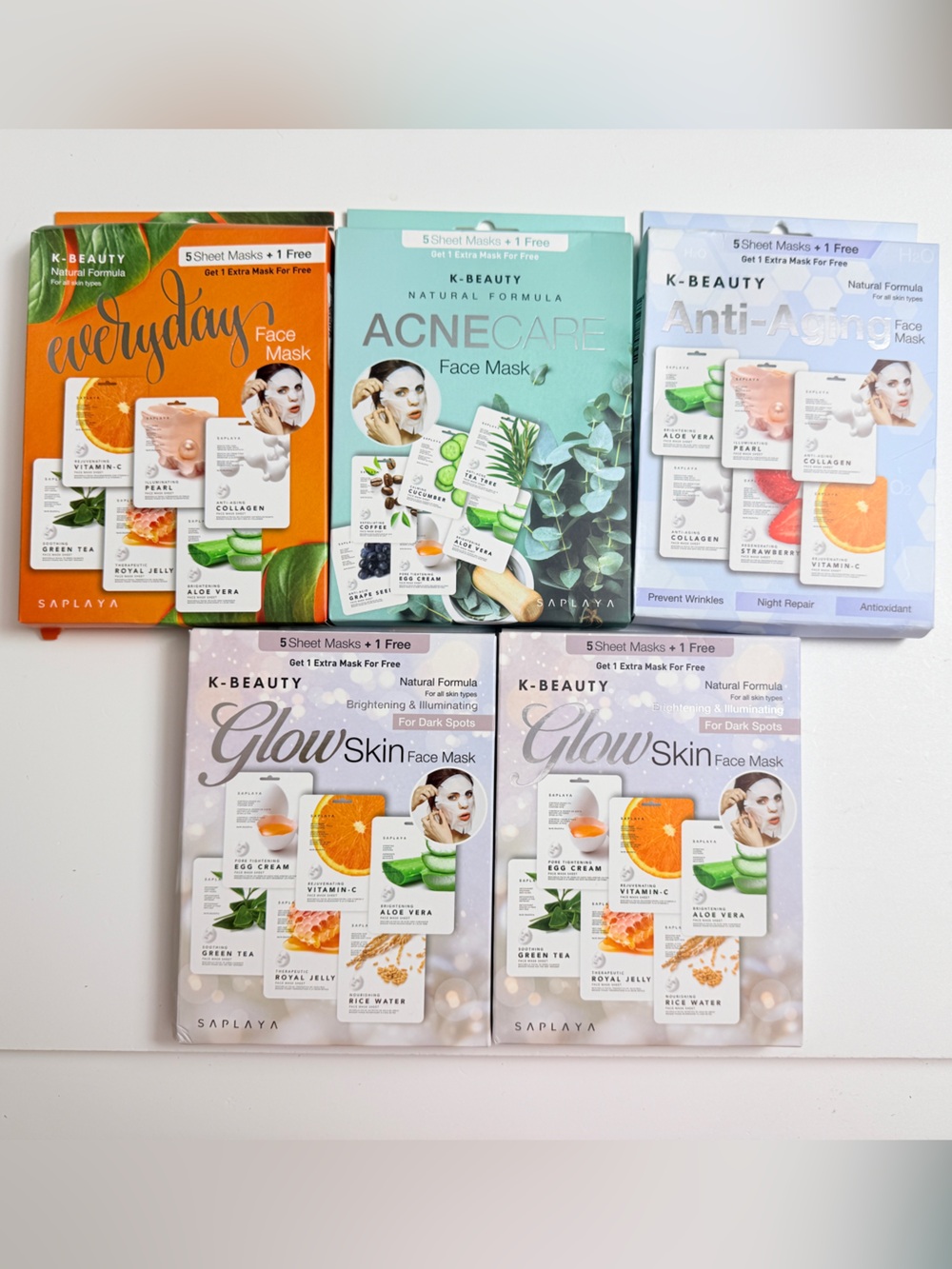 Assorted Face Mask Sheets - 5 unopened boxes (6 masks per box; 30 total)